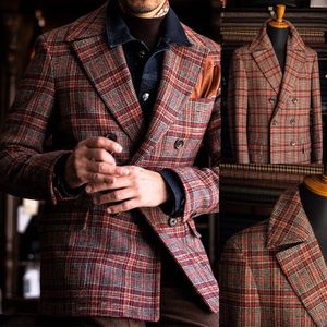 Men's Suits Blazers Red check men's clothing customized jacket Tailcoat double breasted winter wool coat wedding groom waist prom dress 230710