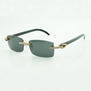 Armações de óculos de diamante sem fim de pedra moissanite 3524012 buffs óculos de sol com pernas de chifre de búfalo preto puro natural e lentes de 56 mm
