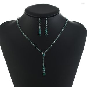 Necklace Earrings Set Fashion Chain Neck Green Rhinestone Neckchain Collar Earring Women's Jewelry Wholesale