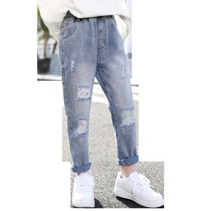 Calça jeans para meninas com furos rasgados cintura elástica roupas de cintura média para crianças 6 8 10 12 14 230711