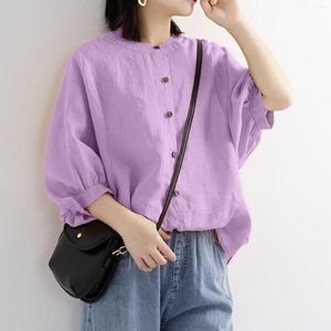 Women's Blouses Korean Women Linen Top Shirt Summer Solid Purple Loose Blouse Three Quarter Female Button Shirts