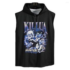 メンズタンクトップ X フード付き Tシャツアニメトップカジュアルスポーツウェアノースリーブベストワークアウトフィットネス Tシャツヒップホップストリート