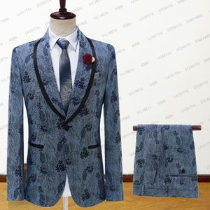 Erkekler Suits Blazers Özelleştirilmiş Takım Erkekler Mavi Denim Jacquard Gelinlik ile Velvet Şalla Yakıt 2 Erkek Moda İş Elbisesi 230710