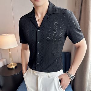 2023 Summert Cuban Collar Shirt for Men Short Sleeve Lace Cut Out Shirt Fashion Slim Social Party Tuxedo Blouse Men Clothing