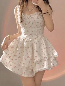 Swimwear Summer Lace Kawaii Dress Women Vintage Sleeveless Elegant Sweet Mini Dress Female Floral Print Korean Designer Strap Dress 2023