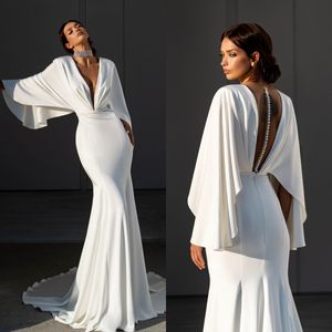 Glamous Denizkızı Gelinlik Saten Daldırma V Boyun Gelinlik Düğmesi Robe De Mariee Gelin Gowns