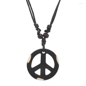 Chains Fashion Black Color Peace Pendant Rope Chain Necklace For Women Men Vintage Handmade Resin Sweater Adjustable Gifts