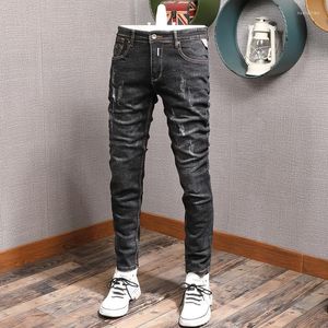 Men's Jeans Fashion Streetwear Men Retro Black Gray Elastic Slim Fit Ripped Vintage Designer Casual Denim Pants Hombre