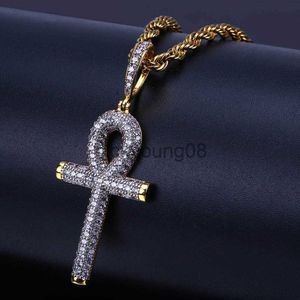 Colares com Pingente Hip Hop Egípcio Ankh Chave Colar com Pingente de Cruz Iced Out Banhado a Ouro Prata Colar com Pingente de Zircônia Micropavimentada x0711