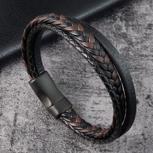 Charm Bracelets Multi Layer Leather Bracelet Men Aço Inoxidável Maginetic Clasp Bangle Punk Moda Casual Trançado Pulseira Masculina Jóias