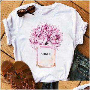 女性の Tシャツ女性服プリントフラワーボトルあたり甘い半袖 Tシャツプリントシャツ T 女性トップカジュアル女性 Tシャツ X0527 Dr Dhrl4