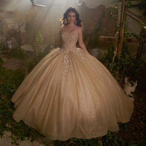 Luxury Gold Ball Gown Quinceanera Dresses Sparkly Off Shoulder Beading 3DFlower Sweet 16 Dress Vestido De 15 Anos Lace-Up