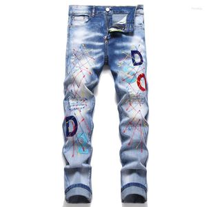 Calça Jeans Masculina Bordada Slim Fit Ripped Denim Calça Skinny Hole Streetwear Marca Italiana Hip Hop Calças Longas Stretch Desgastadas