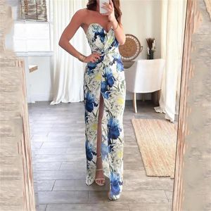 Sıradan elbiseler kadınlar baskı çiçek askısız sırtsız bölünmüş maxi elbise yaz seksi bodycon dantelli parti uzun bayanlar plaj vestidos