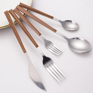 Dinnerware Sets Retro Portable Imitation Wooden Handle Stainless Steel Knife Fork Spoon Bag Suits Lunch Multi-layer Insulation Picnic