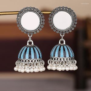 Dangle Earrings Retro Bollywood Oxidized Bell Tassel Women Round Mirror Alloy Exaggerated Jhumka Ethnic Jewelry