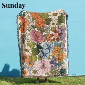 Blankets Floral Picnic Blanket for Bed Leisure Thread Ins Tapestry American Printing Sofa Cover Home Decoration Boho Camping Mat 230711