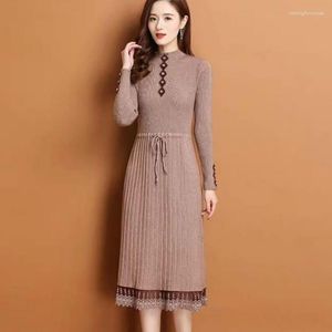 Casual Dresses 2023 Lace Patchwork Women Dress Autumn Winter O-Neck Long Sleeve Simple Knitted A-line Elegant Midi