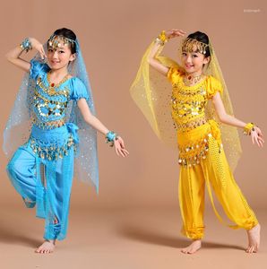 Stage Wear Belly Dance Costume Children Bollywood Costumes Set Kids Dresses 5pcs (Headpieces Veil Top Belt Skirt)