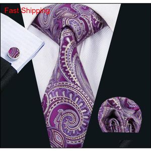 Classic Silk Mens Neckties Purple Tie Sets Paisley Mens Necktiestie Hanky Cufflinks Jacquard Woven Meeting Business Wedding Party 197t