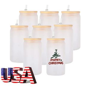 STOCK USA 12 oz 16 oz Boccali da birra in vetro per sublimazione con coperchio in bambù Bicchieri di paglia Bicchieri fai-da-te Bicchieri trasparenti satinati Tazze per trasferimento di calore Cocktail Caffè ghiacciato Bicchieri da whisky