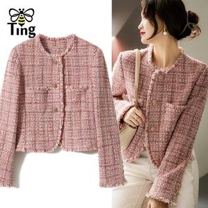 Calças Tingfly High Street Moda Xadrez Rosa Cor Único Breasted Tweed Jaqueta Curta Casacos Senhora Elegante Inverno Autmn Tassel Outerwear