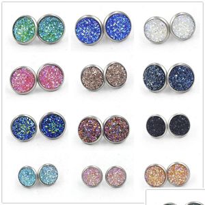 Stud moda 12 kolorów okrągły 12Mm żywica Druzy Drusy kolczyki ze stali nierdzewnej ręcznie robione dla kobiet biżuteria Drop Delivery Dh7B3