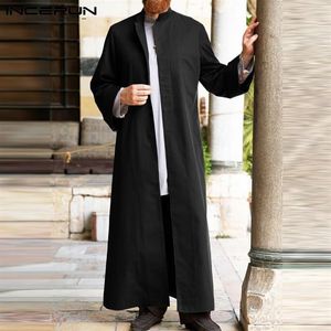 Ethnic Clothing Men Solid Muslim Long Tops INCERUN Vintage Autumn Sleeve Stand Collar Abaya Jubba Covered Button Islamic Plus Size337p