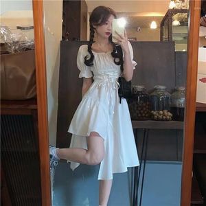 Casual Dresses Women's White Dress Summer Elegant Vintage Kawaii Puff Sleeve Midi Square Collar Bandage Sundress Goth Outfits