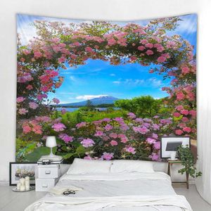 Tapestries Natural Pink Rose Plant Flower Wall Hanging Garden Window Natural Scenery Cloth Home Living Room Decoration Tapestry