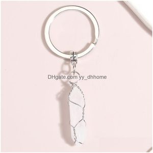 Schlüsselanhänger Naturstein Wire Wrap Sechseckiges Prisma Schlüsselanhänger Heilung Rosa Weiß Kristall Auto Dekor Schlüsselanhänger für Frauen Männer Drop Delive Dhm03