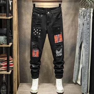 Dżinsy męskie High Street Fashion Men Black Elastic Stretch Painted Skinny Ripped Patched Designer Hip Hop Denim Pencil Pants