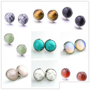 Stud 8Mm 10Mm 12Mm Natural Stone Druzy Earrings Opal Turquoise Stainless Steel For Women Jewelry Drop Delivery Dhgp6