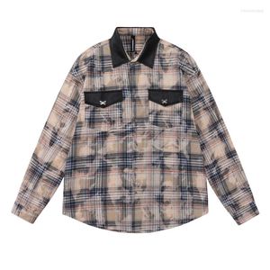 Retro Spliced Plaid casual shirts with Long Sleeves, Loose Lapel, Single Breasted Design, and Curved Hem - Leather Patchwork Jacket