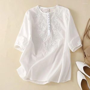Women's Blouses Literature Vintage Embroidery Cotton Linen Shirt Women Summer Round Collar Short Sleeve Casual Loose Blouse Tops S590