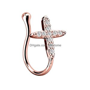 Nose Rings Studs Clips Hoops For Women Non-Piercing Body Jewlery Cross Rose Sier Stainless Steel Gold Color With Diamond Wholesale Dhurw