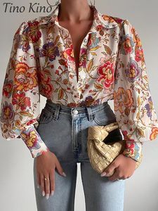 Women's Blouses Shirts Print Long Puff Sleeve Women's Shirt Elegant V-neck Floral Office Women Shirts Spring Summer Fashion Ladies Tops Blouses 230710