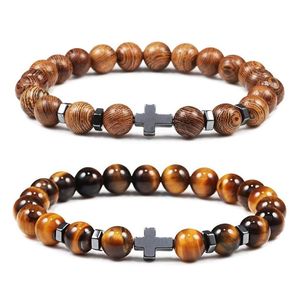 Charm Bracelets Natural Stone Wood Beads Rosary Hematite Cross Onyx Meditation Bracelet Women Yoga Jewelry Drop Delivery Dhug0