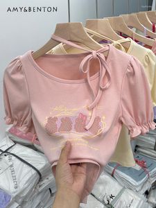 女性の Tシャツシックな甘いガールスリムショート鎖骨クロップトップス Y2k ピンクデザインスリーブ Tシャツ女性 2023 夏かわいい服