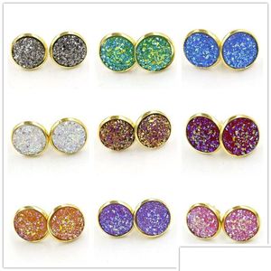 Stud Fashion pozłacane okrągłe 12Mm żywica Druzy Drusy kolczyki ręcznie robione dla kobiet biżuteria Drop Delivery Dhzeb