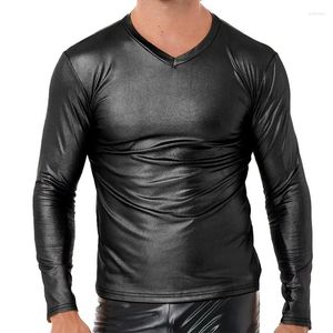 Men's T Shirts Men Faux Leather T-shirts Long Sleeve V-neck Fitness Latex Outfits PVC Pullover Streetwear Clubwear Costumes