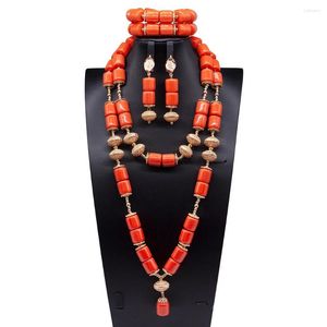 Necklace Earrings Set Artificial Coral African Wedding Beads Jewelry Plastic Copper Gold Bib Statement CNR653