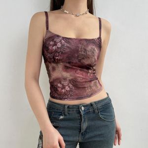 Canotte da donna Vintage Floral Print Mesh Crop Top Donna Harajuku Backless Grunge Y2k Camis Top Streetwear Abiti senza maniche Estate 2023