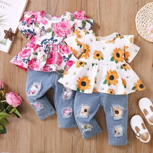 Pyjamas Girls Floral Print kjolstil Topp med lapp denim Set Lämplig för Babies Baby Girl Outfits 612 månader gåva 230711