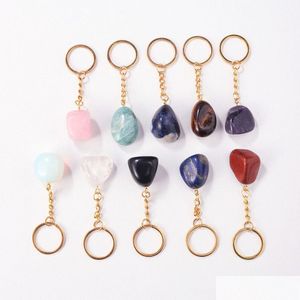 Key Rings Natural Stone Keyring Tigers Eye Rose Quartz Amethyst Keychains Car Decor Chain Keyholder Drop Delivery Jewelry Dhjpz