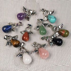 Charms Natural Stone Angel Pendant For Necklace Pink Quartz Agates Pendants Sier-Color Water Drop Female Jewelry Gift Delivery Findi Dhxws