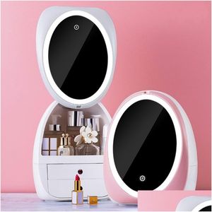 Caixas de armazenamento Caixas Led Light Desktop Organizer Hd Mirror Makeup Der Type Creative Cosmetic Box Protable Beauty Z1123 Drop Delivery Dhzhk