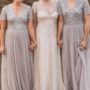 Bridesmaid Sier Sequins Dresses Short Sleeves Floor Length V Neck Tulle Beach Plus Size Wedding Guest Gowns Custom Made Formal Evening Wear