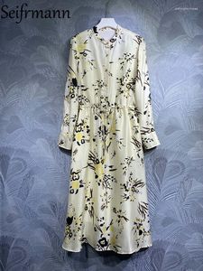 Sukienki casualowe Seifrmann wysokiej jakości wiosna kobiety wybieg mody sukienka z prawdziwego jedwabiu latarnia z długim rękawem zasznurować nadruk w stylu vintage duża huśtawka