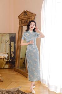 Odzież etniczna FZSLCYIYI eleganckie chińskie kobiety drukowane satynowe w dłuższym stylu Cheongsam seksowna stójka z krótkim rękawem Qipao